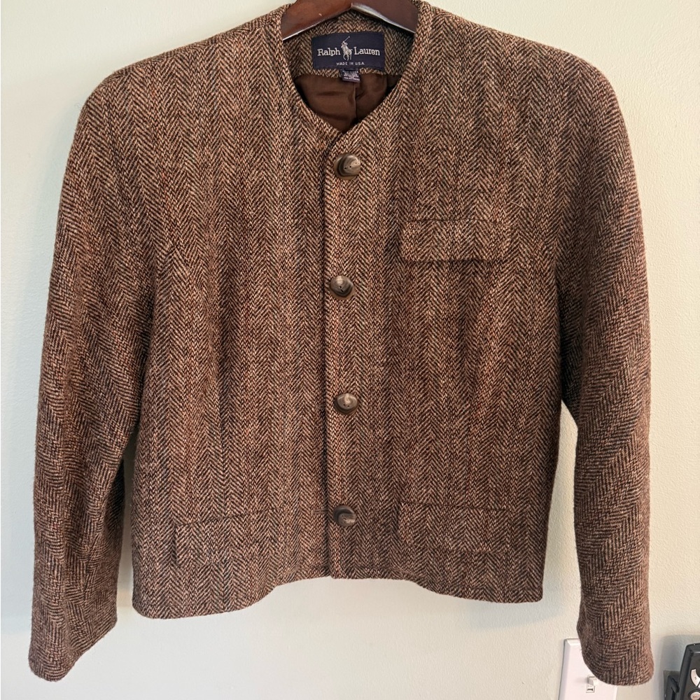 Ralph Lauren Polo Wool Tweed Herringbone Blazer Collarless Made in USA 12 - Picture 6 of 15